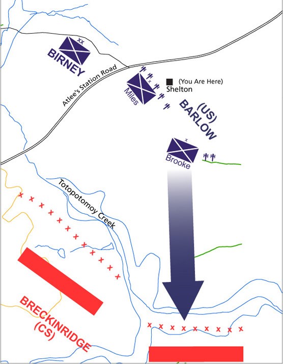 Troop positions union in blue, confederate in red