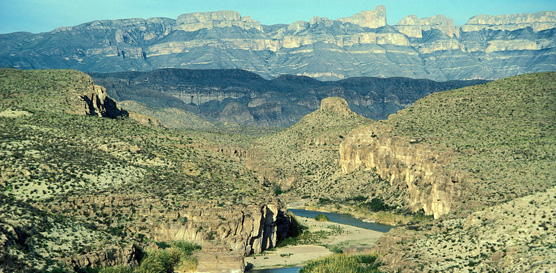 Hot Springs Canyon of the Rio Grande with the Sierra del Carmen rising in the background.