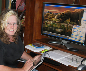 woman in front of a computer which shows a digital dinosaur illustration woman in front of a computer which shows a digital dinosaur illustration