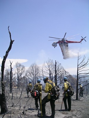 Hotshot firefighters watch a helicopter drop fire retardant