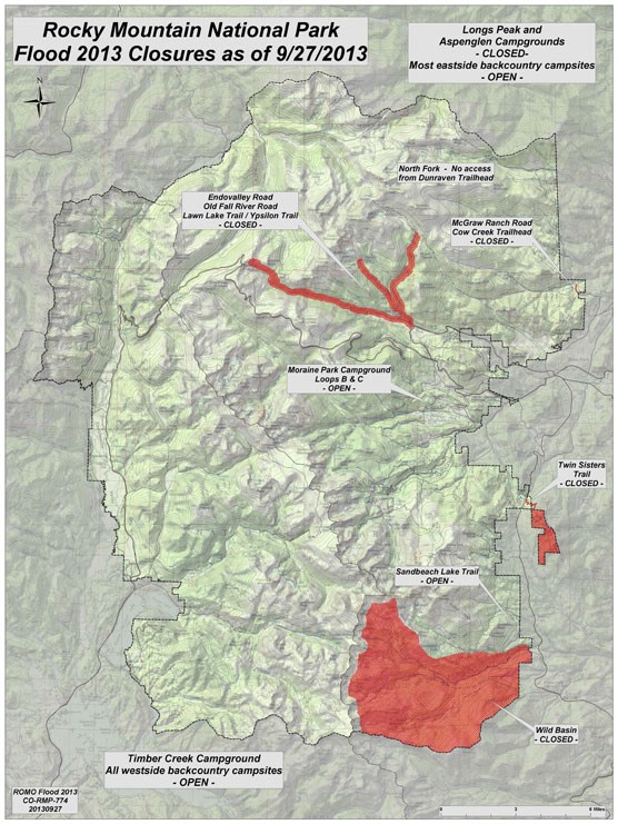 Map of reduced closures in Rocky Mountain National Park.