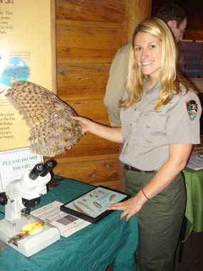 Photo Teacher Ranger Teacher Liz with owl wing