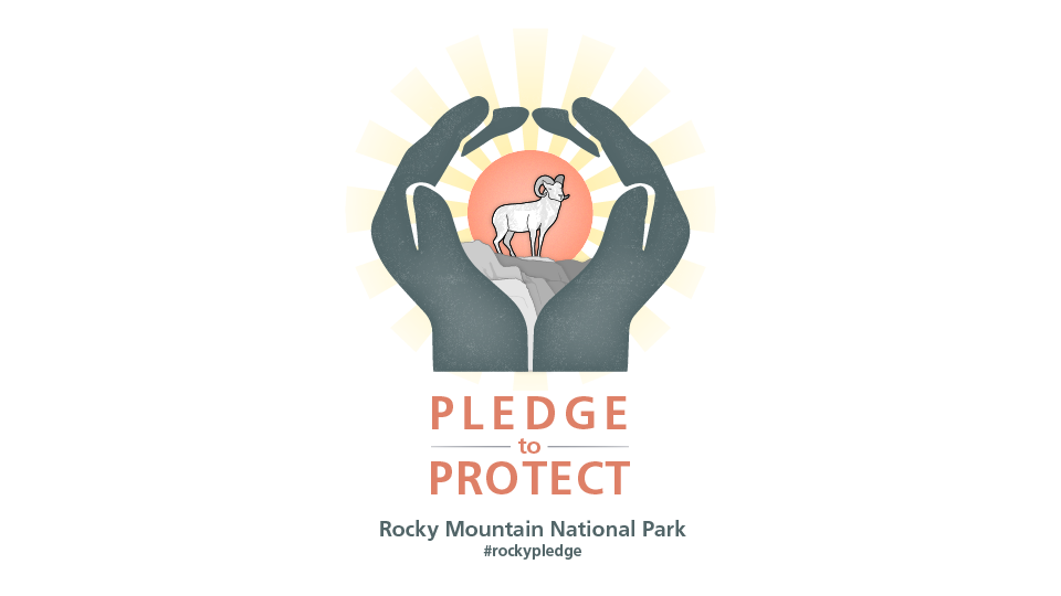 An illustrated logo. Two hands encircle a bighorn sheep standing on rocks. Behind, a glowing red sun radiates beams of golden light.