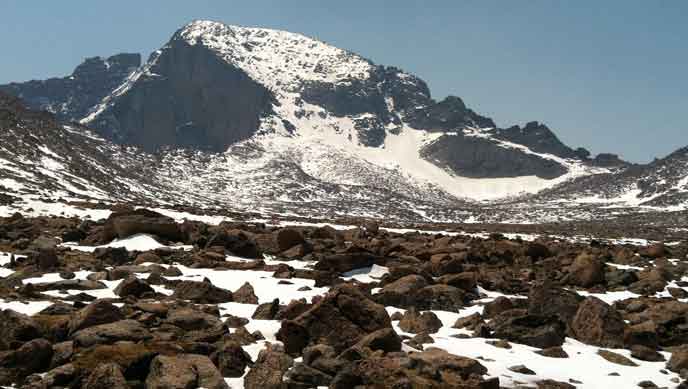 Longs Peak in Rocky Mountain National Park as viewed from the Boulderfield