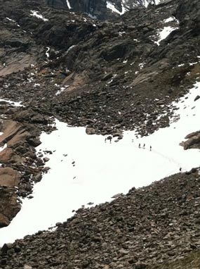 Conditions on the trail to Chasm Lake with snow crossings. Longs Peak, CO - Rocky Mountain National Park