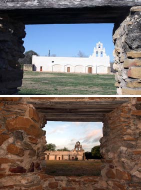 top photo: Mission San Juan after preservation in 2013; bottom photo: before preservation