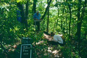 Two archeologists working in woods.  One is sifting dirt the other is carefully digging in the ground.  A sign documents the site.
