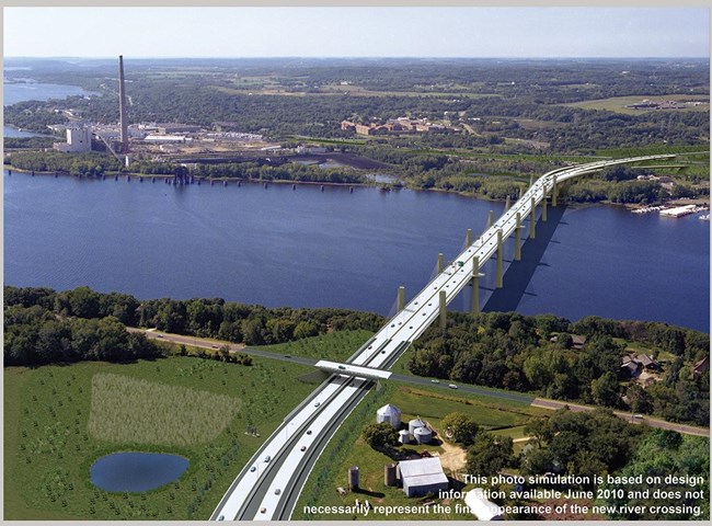 Proposed white Bridge is shown where it would cross St. Croix River to Stillwater