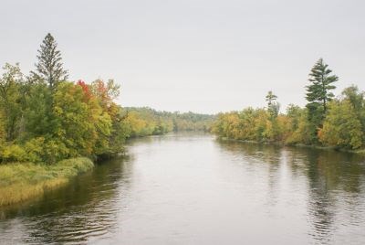 River cutting through wooded areas