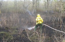 A firefighter with a hose sprays a smoldering log