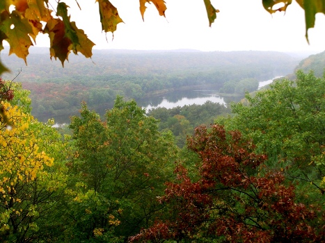 Image of fog and mist over the St. Croix River in early autumn.