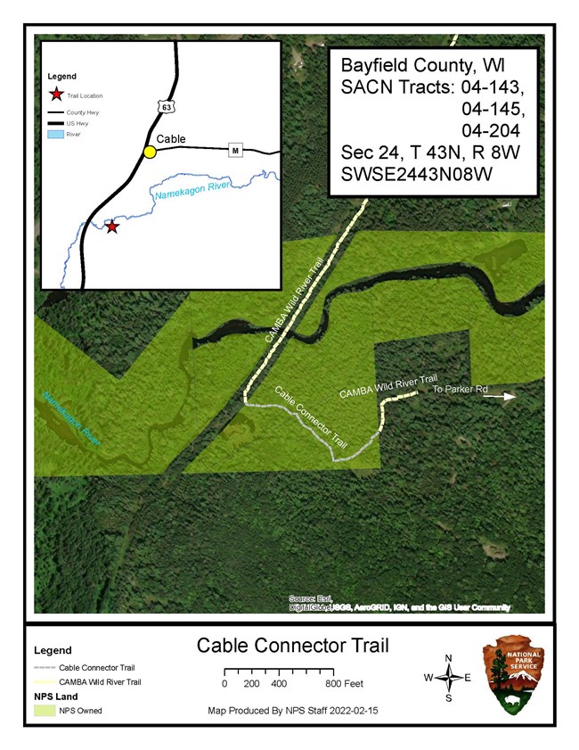 Map outlining CAMBA Wild River Trail connecting to Cable Connector Trail connecting to Parker Road on Wild River Trail