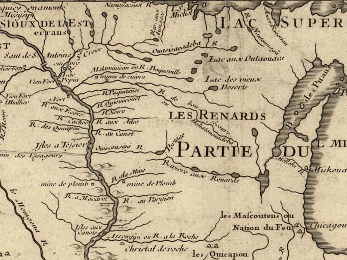 An excerpt of the 1718 map Carte de la Louisiane, by French cartographer Guillaume Delisle, shows the St. Croix and many other rivers of the area in the upper left of the image. Library of Congress photo.