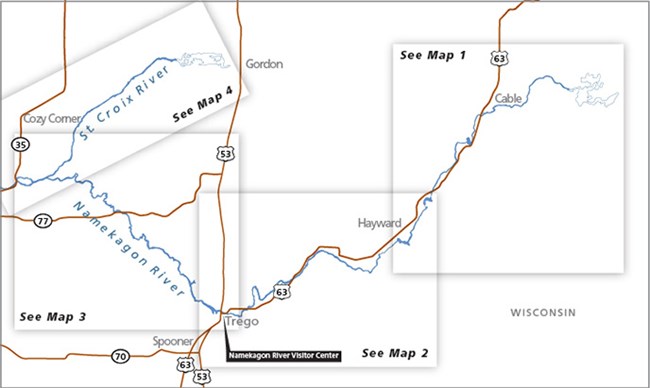 Map of the Namekagon River and the Upper St. Croix River.