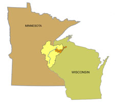 The small dark orange somewhat linear area is the Namekagon watershed. It is within a much larger St. Croix watershed, which is shown within the two states