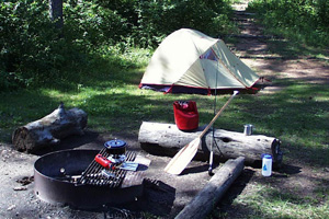 A pitched camp, with a tan tent and camping gear around a fire ring, in a forest.