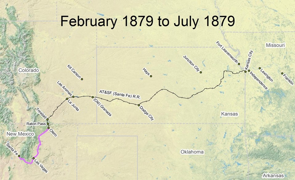map of Santa Fe Trail route from February 1879 to July 1879