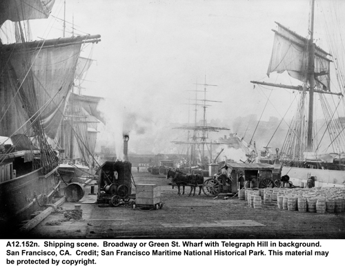 An historic photo of a San Francisco wharf.