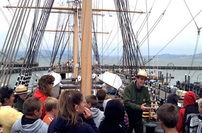Children aboard the square rigged ship Balclutha.
