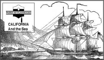 Drawing of a square rigged sailing ship with wind filling the sails.