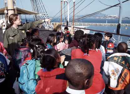 Children aboard the square rigged ship Balclutha.