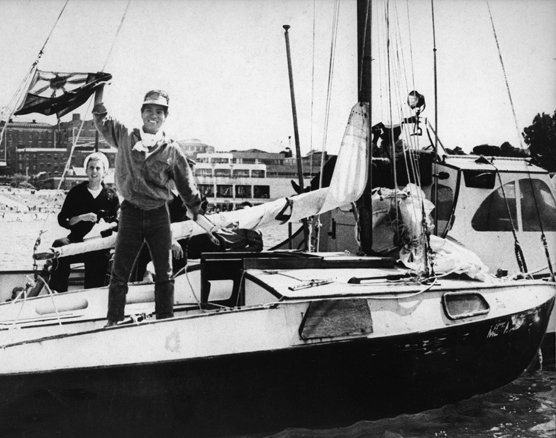 Kenichi Horie, standing on the deck of the MERMAID, arriving in San Franciso in 1962.