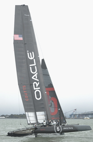 A 45 foot long catamaran sailing on San Francisco Bay.