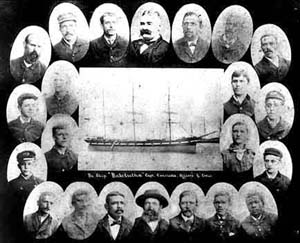 A black and white photo of BALCLUTHA surrounded by portraits of some of the crew from the first voyage in 1887. A black and white photo of BALCLUTHA surrounded by portraits of some of the crew from the first voyage in 1887.