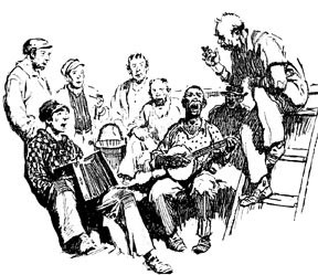 Black and white drawing of sailors playing instruments and singing.