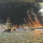 A painting by W. A. Coulter depicting San Francisco engulfed in flames following the 1906 earthquake. Photo courtesy of the Coulter Estate.