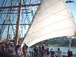 Raising the staysail on <i>Balclutha</i>.