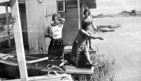 Three women on a houseboat in Alviso, CA in 1915. SAFR B11.22,072n Three women on a houseboat in Alviso, CA in 1915. SAFR B11.22,072n
