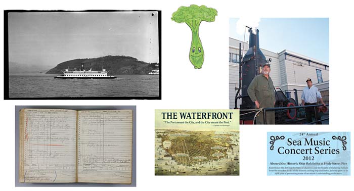 Five images from the park including a drawing, photos, and a poster.
