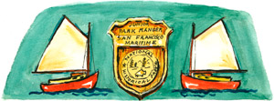 A colorful drawing of a Junior Ranger badge and two sailboats. A colorful drawing of a Junior Ranger badge and two sailboats.