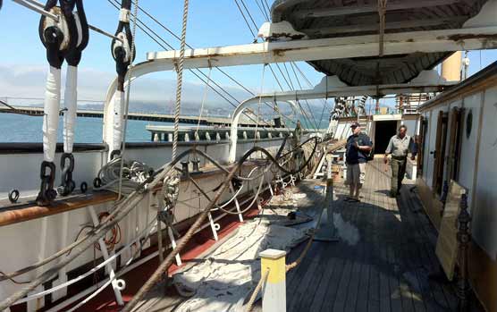 A portion of the starboard side of the maindeck of the BALCLUTHA. A portion of the starboard side of the maindeck of the BALCLUTHA.