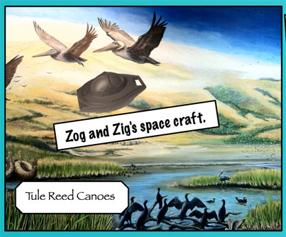 A painted mural depicting pelicans in flight. A painted mural depicting pelicans in flight.