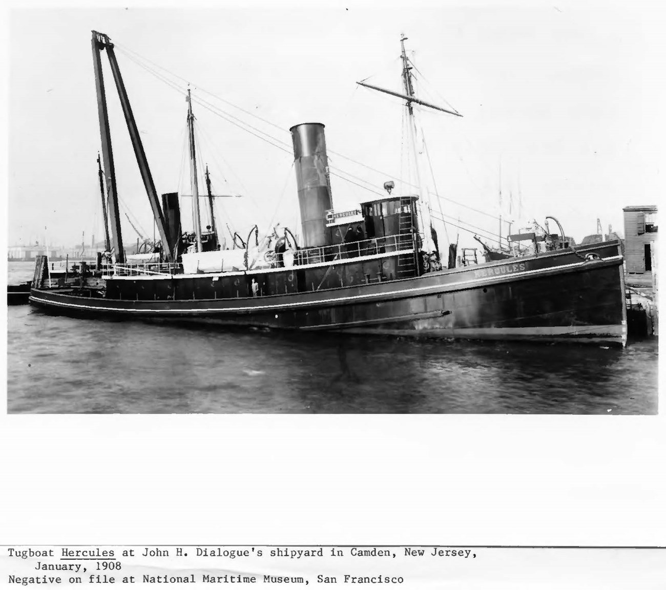 Black and white photo of port side of team tug Hercules at John H. Dialogue's shipyard in Camden, New Jersey, January 1908
