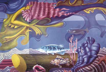 A colorful mural depicting imaginary creatures of the sea.