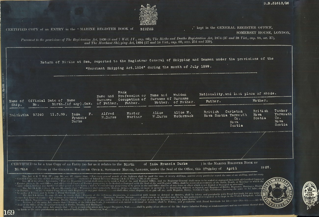Inda Frances Durkee's birth certificate