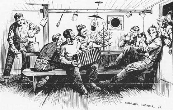 A black and white line drawing of men celebrating in the fo'c'sle of a ship.