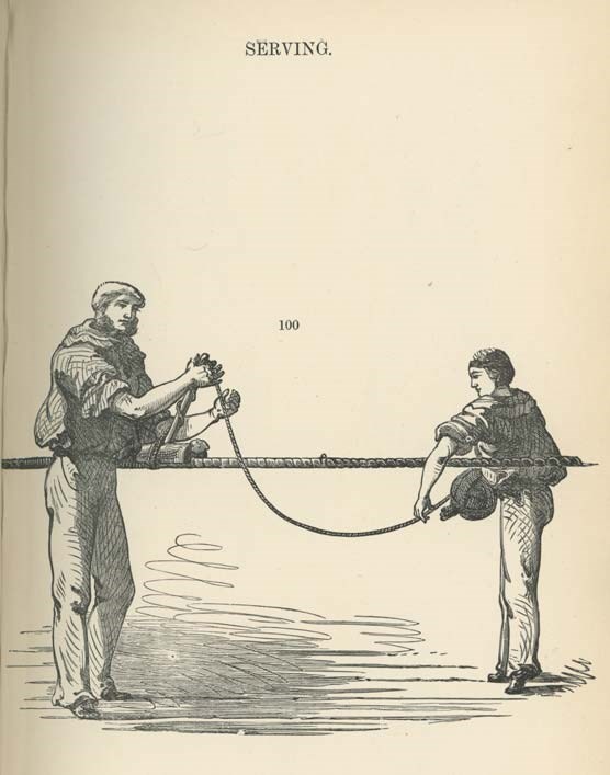 A drawing of a man and a boy working on a wire rope.