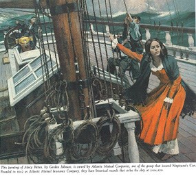 An oil painting of Mary Patten on the clipper ship <i>Neptune's Car</i> by Gordon Johnson.