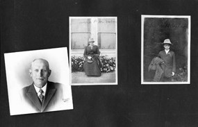 A page from a photo album with black and white photos of family members.