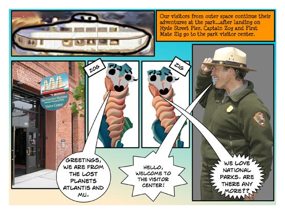 A comic about visitors from space to the Hyde Street Pier and the park visitor center.