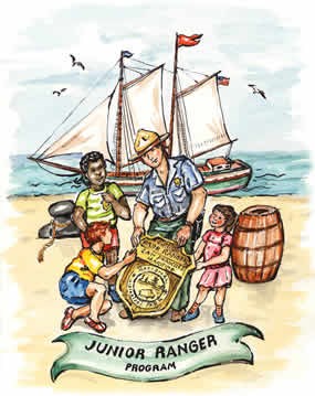 A colorful illustration of a park ranger and children with a sailboat in the background.
