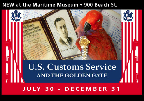 A collage of images with a red border including a parrot, watch, framed photo, and the words, US Customs Service and the Golden Gate.