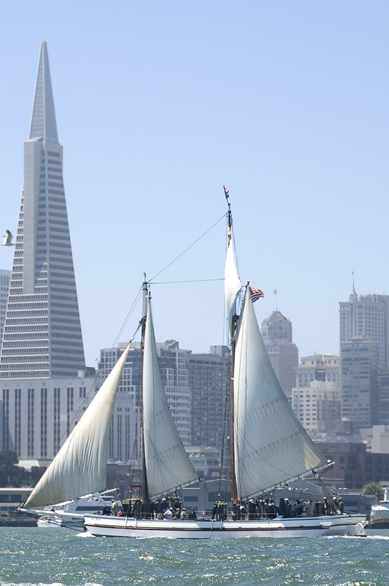 Scow schooner ALMA sailing on San Francisco Bay with downtown SF and the Transamerica building visible in the backgound.