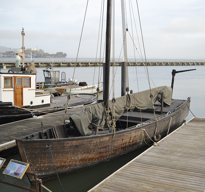 A wooden replica of a boat used by Chinese fisherman to catch shrimp in San Francisco Bay.
