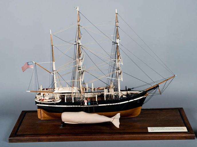 A model of a whaling boat with a sperm whale attached to the starboard side.