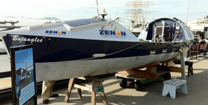 A hi-tech rowing boat sitting on blocks on Hyde Street Pier.